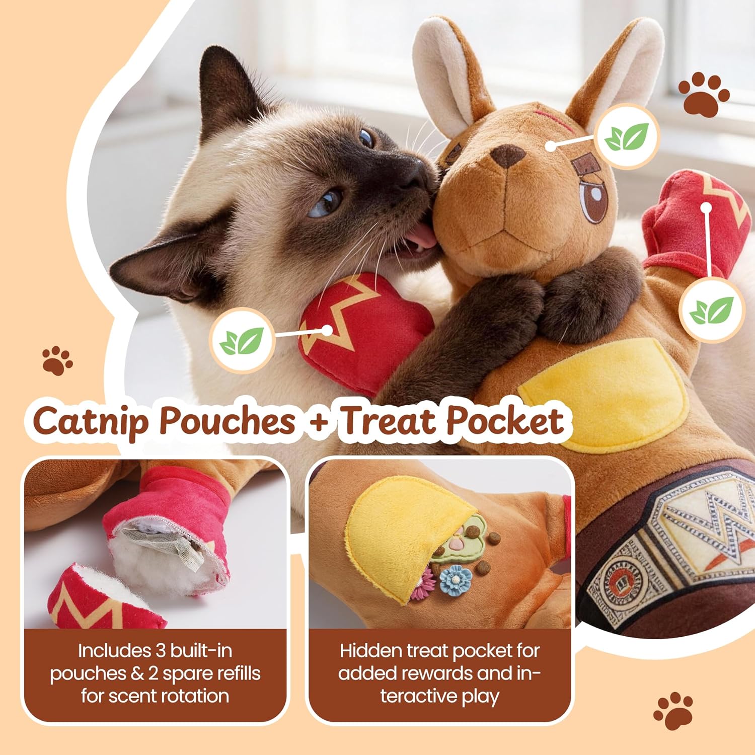 Cat Wrestling Toy, 22-Inch Kangaroo Puppet with Catnip Pouches & Treat Pocket, Reinforced Protective Glove for Kicking & Kicks, Bonding Toy for Cats of All Ages