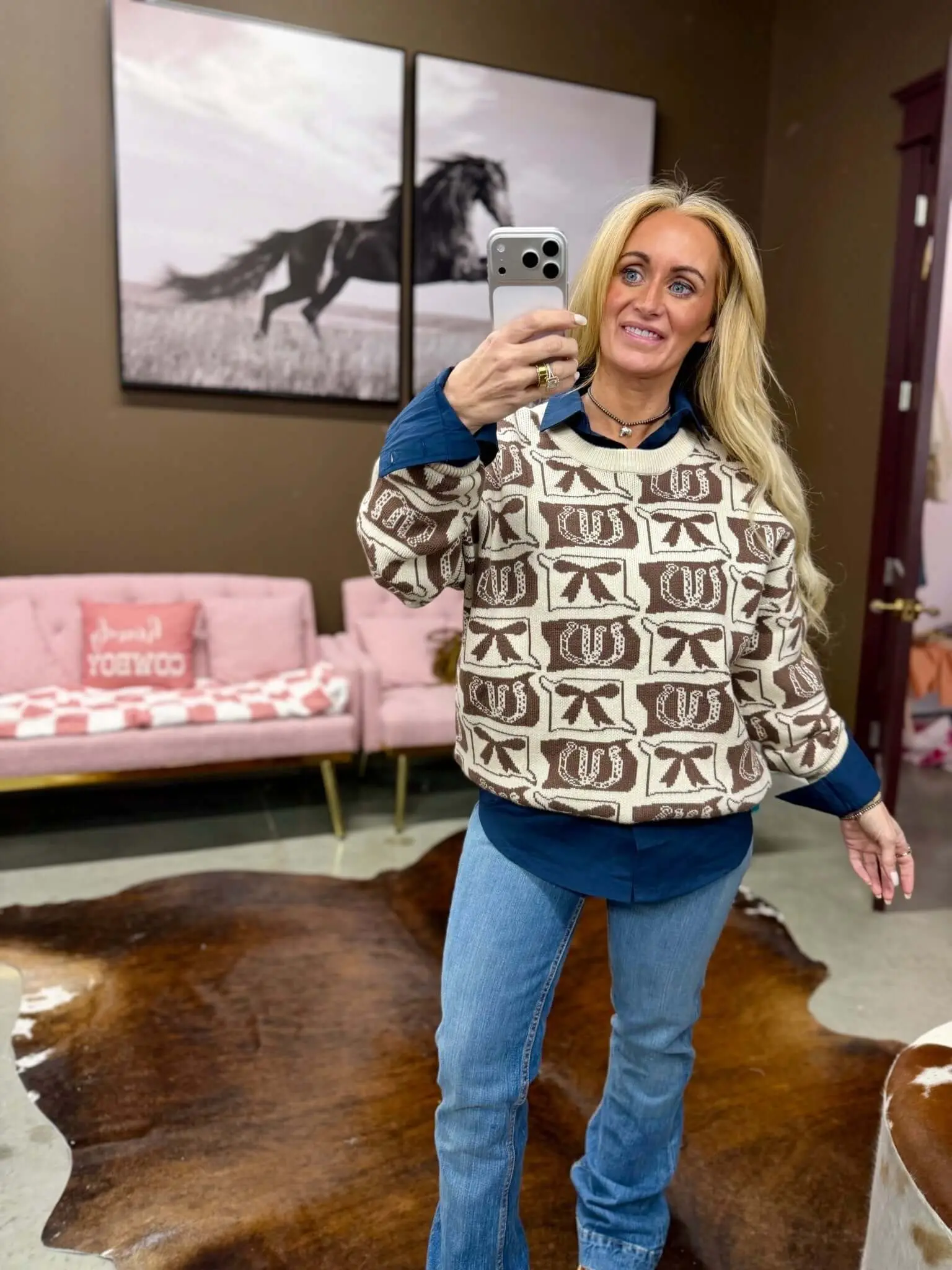 Women's Western Cowgirl Check Sweater, Cozy Long Sleeve Crochet-Inspired Knitwear with Horse and Boot Motifs, Tops, Plaid, Wrap, Everyday, Denim, Women's Clothes