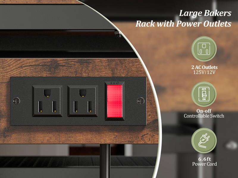 Raybee Bakers Rack for Kitchen with Power Outlet, 6-Tier Microwave Stand with Storage Cabinet, Farmhouse Kitchen Coffee Bar with Side Hooks, Utility Shelf for Kitchen Furniture