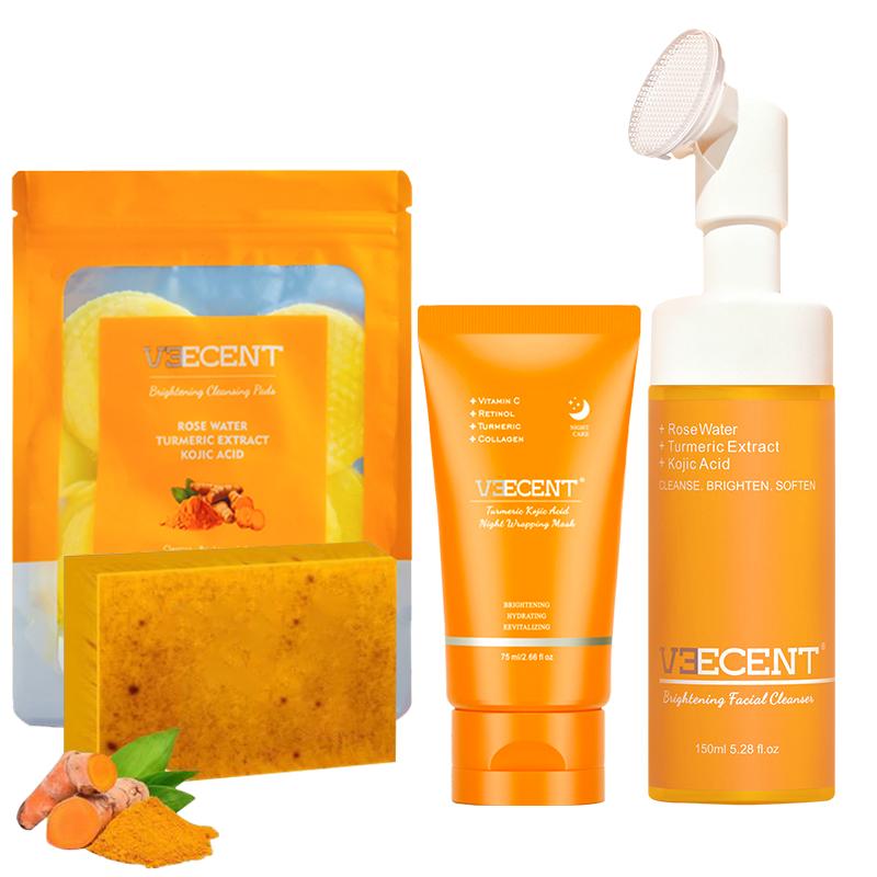 Veecent 150ml Turmeric + Kojic Acid Foaming Facial Cleanser + Silicone Brush Cleansing Skincare Set (Gentle Type) – Turmeric Face Wash (Facial Care Set) Coconut Soothing