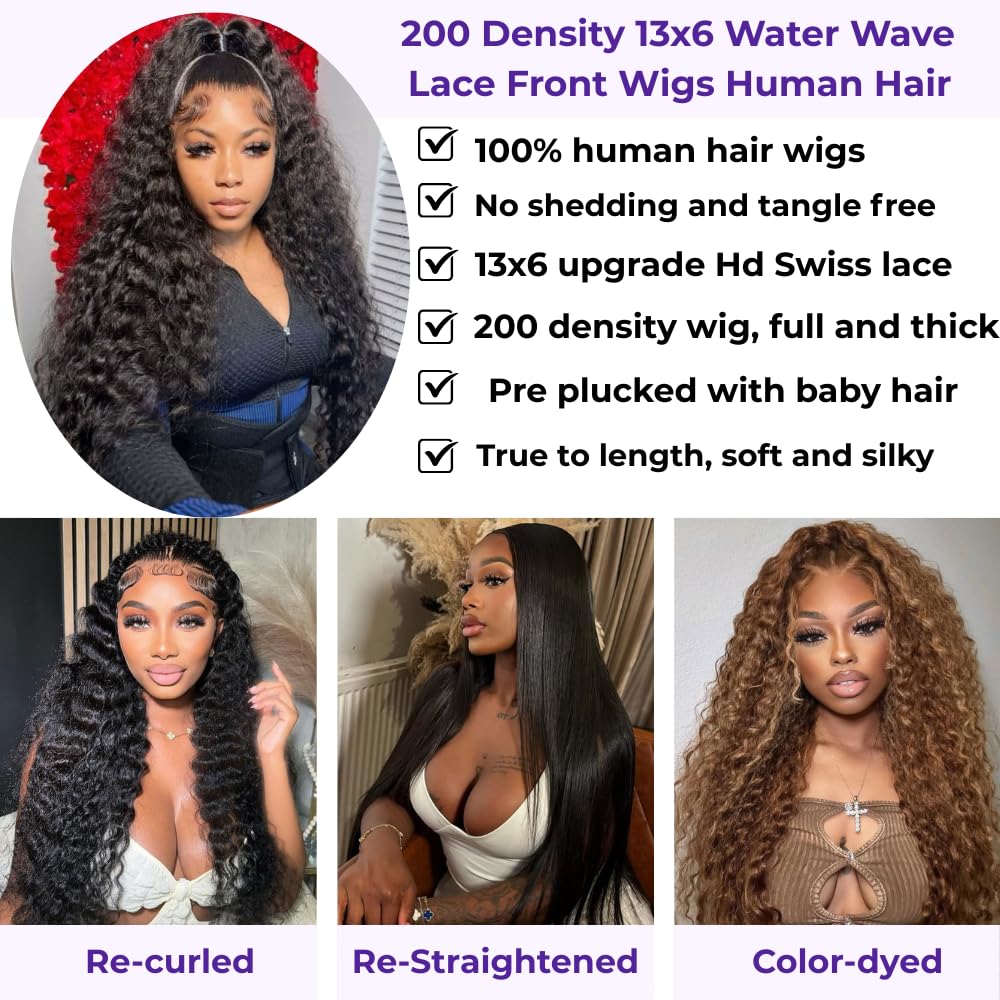 30 Inch 13x6 Lace Front Wigs Human Hair Water Wave 200 Density 13x6 HD Full Lace Frontal Wigs Pre Plucked Wet and Wavy Glueless Deep Curly Human Hair Wigs for Women Natural Black