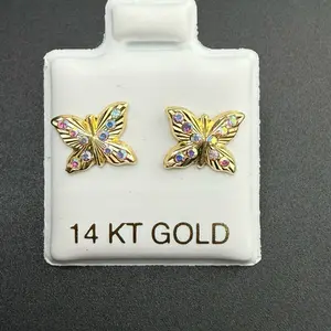 14k Gold Butterfly Earrings with Colorful Rhinestones for Women's Fashion Jewelry