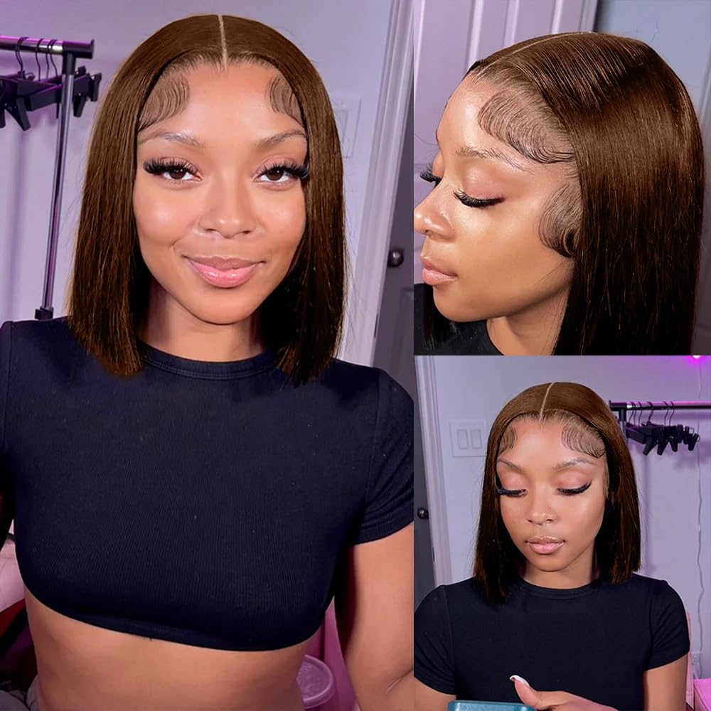 Budget Friendly Chocolate Brown Straight Bob Wig 13x4 Glueless Lace Front Human Hair Wigs Free Side Part Human Hair Wigs Pre Plucked