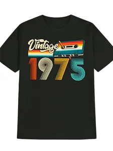 Men'S Casual Round Neck T-Shirt with a Vintage 1975 Print Pattern, Retro Style Print Short Sleeve Top, a Gift for Men