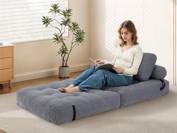 【Valentine’s Day Gift】Sofa Bed Convertible 3 in 1 Folding Couch with Headrest Lumbar Pillow & Comfortable Shredded Foam Filling for Living Room Bedroom Single Size