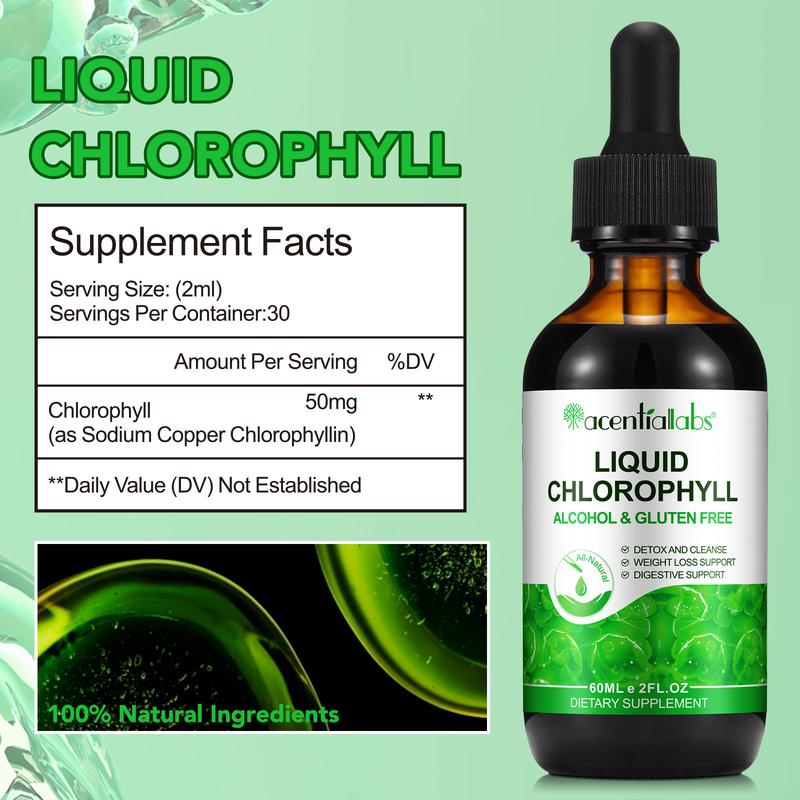 Acentiallabs Liquid Chlorophyll Drops 4 Month Supply Natural Deodorant Detox Gut Support Liver Dietary Vitamin Edible Fitness Supplement