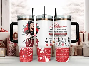 Selena Quintanilla 40oz Tumbler with Handle & Straw | Queen of Tejano Red Rose Collage Travel Mug | Premium Insulated Fan Merch Gift for Music Lovers