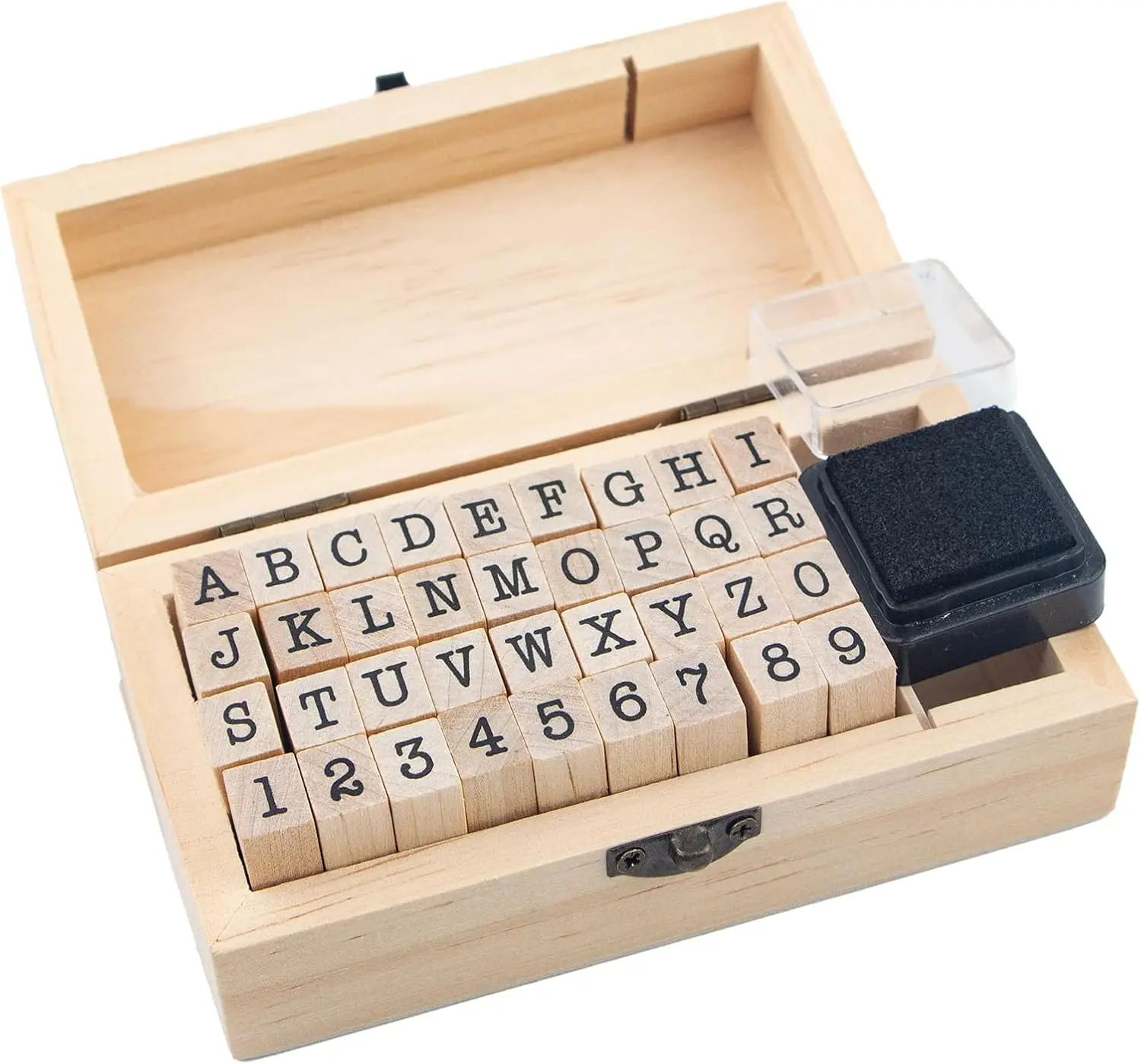 36-Count Alphabet Letter Rubber Stamps Set with Wooden Box, Letters & Stamp Supplies for DIY Craft, Office Stationery