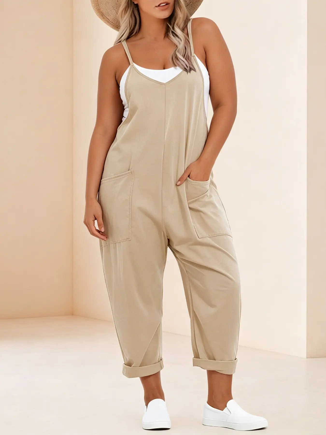 Plus Size Oversized Solid Color Loose-Fit Sleeveless Harem Overalls Jumpsuit, Casual Pocket Design, Comfortable Everyday Wear, Casual Comfy Jumpsuit