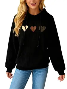Women's Casual Waffle Texture Hooded Sweatshirt - Long Sleeve Drawstring Hoodie with Three Heart Patches and Kangaroo Pocket, Soft and Warm for Daily Use