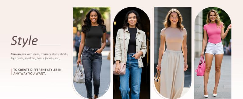 FeelinGirl Women's Crew Neck Cloud Bodysuits Fashion Short Sleeve Tops Stretch Basic Body Suit T Shirts Fit Comfortable Springtok