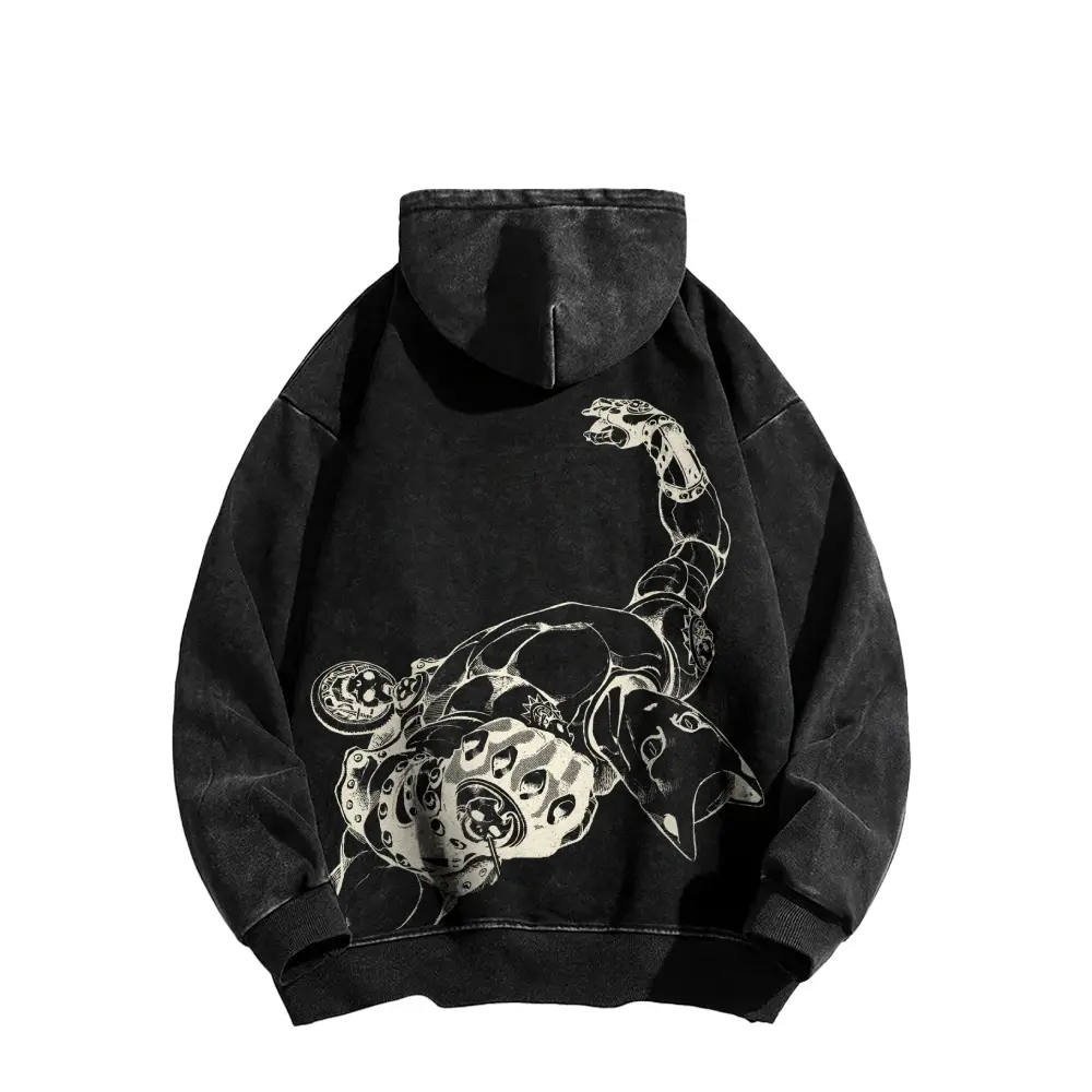JoJo's Bizarre Adventure Killer Queen themed American-style washed hooded sweatshirt Long Sleeve Cotton Unisex Vintage Hoodie