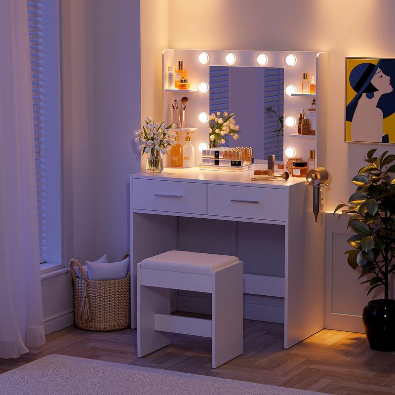 FURMAX Makeup Vanity Set with Lighted Mirror, Makeup Vanity with 2 Drawers, Vanity Desk with Chair for Bedroom & Dressing Room