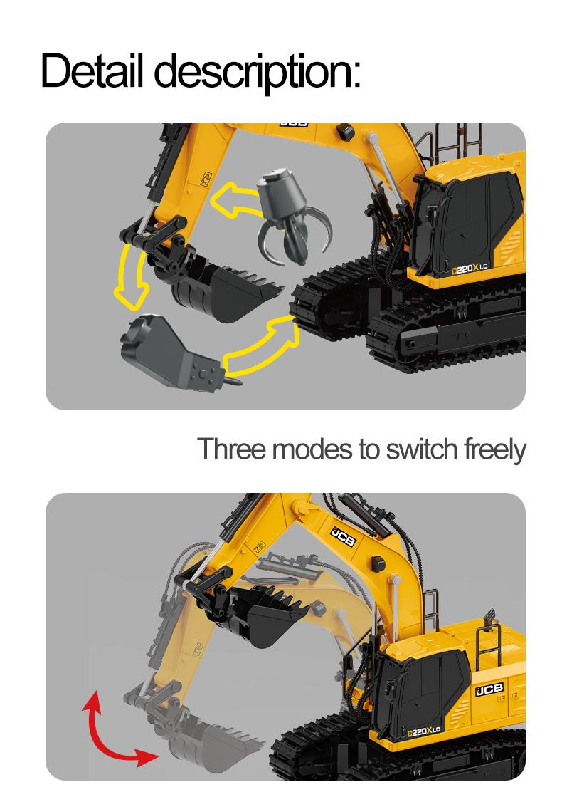 Remote-controlled excavator toy with 3 interchangeable attachments: drill, grabber, and digging hook. Features sound effects and lights for realistic operation. Perfect for boys, girls, and adults alike. Ideal Christmas gift.