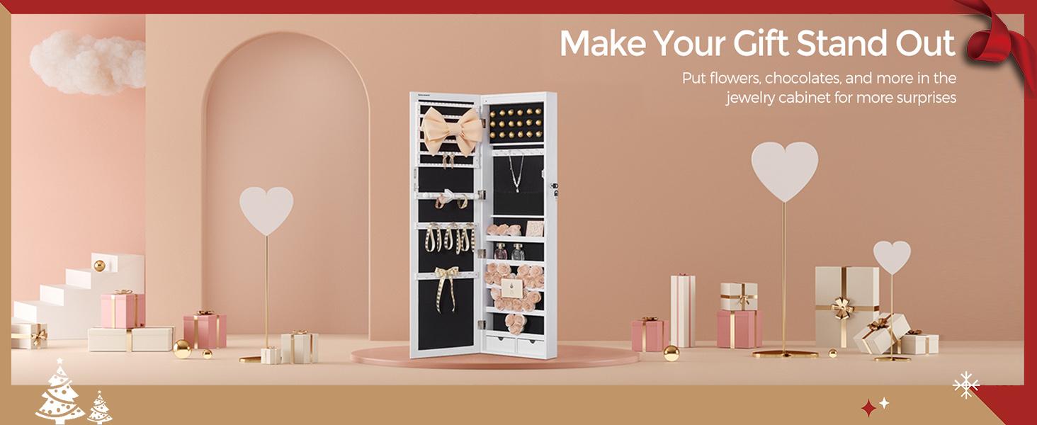 SONGMICS 6 LEDs Mirror Jewelry Cabinet, 47.2-Inch Tall Lockable Wall or Door Mounted Jewelry Armoire Organizer with Mirror, 2 Drawers, Christmas Gift