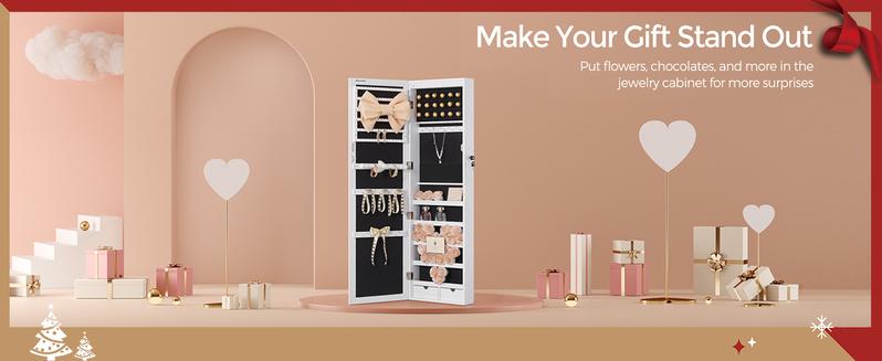 SONGMICS 6 LEDs Mirror Jewelry Cabinet, 47.2-Inch Tall Lockable Wall or Door Mounted Jewelry Armoire Organizer with Mirror, 2 Drawers, Christmas Gift