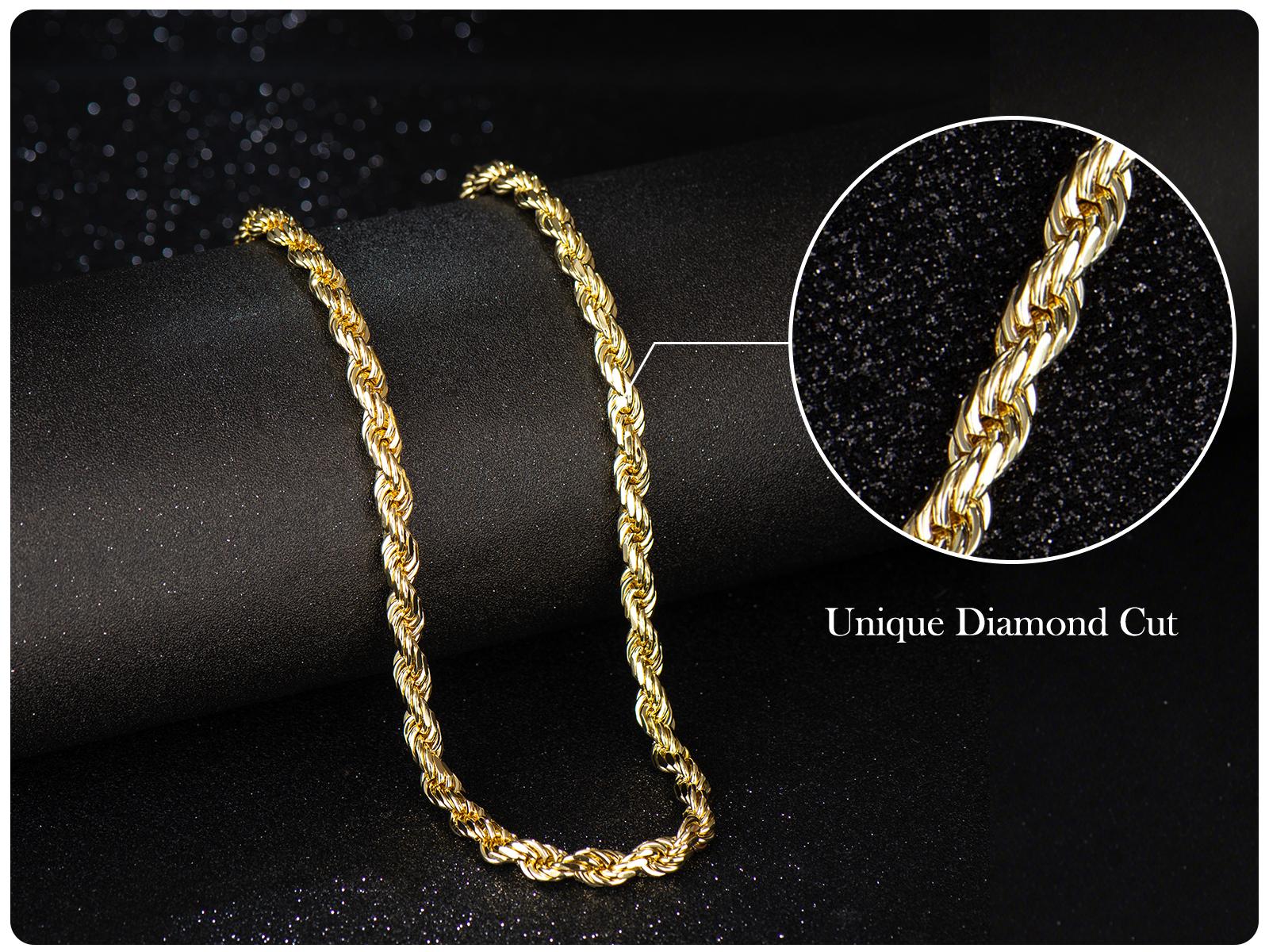 Holylegend 14K Real Gold-Plated Rope Chain Necklace for Women and Men,Upgraded Shine, Faceted Cut, Tarnish-Free, Goldstone necklace 6mm/8mm, 22"/24" Jewelry