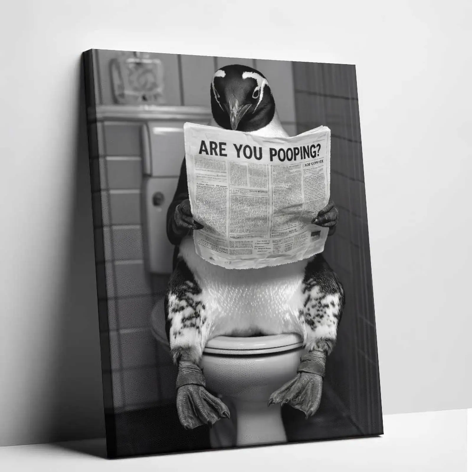 Playful Anime Whimsical Penguin on Toilet Unframed Poster, Animal-Themed Painting Artwork, Home Decor Decoration for Bathroom Restroom, Home Supplies for Art Display