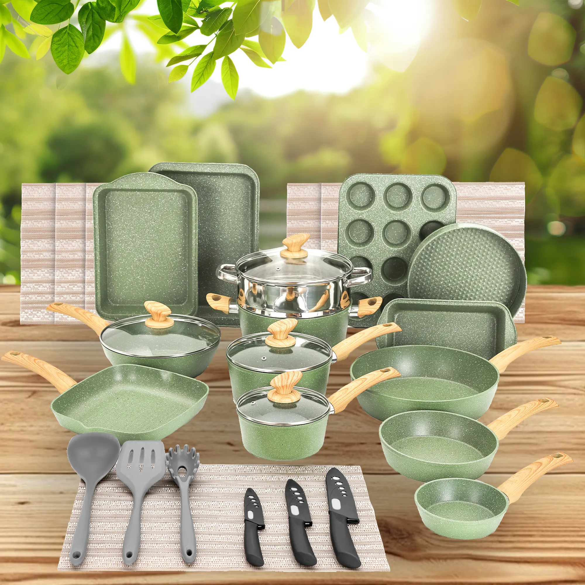 Kitchen Academy Cookware & Bakeware Set - 12/17/30 Piece Black Granite Cooking Pans Set, Non-Stick Pots and Pans Set, Green Kitchen Cooking Pans Set