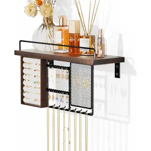 Wall Mounted Hanging Jewelry Organizer with Wood Shelf, Wall Jewelry Holder with Hooks for Ring Earring Bracelets Necklaces Display -Brown Racks Hangable