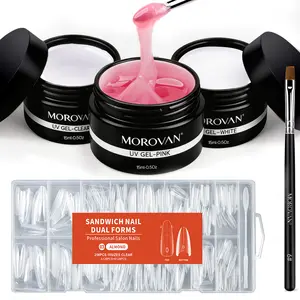 Morovan Poly Gel Nail Extension Kit - Clear Pink White UV Builder Gel with Dual Forms - Professional Salon Results for Beginners