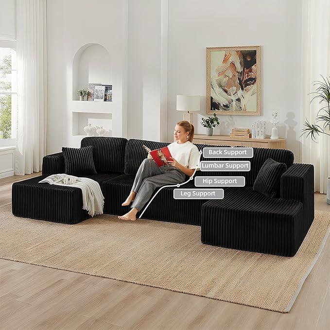 【Shipped in 2 or 3 packages】Popular No Assembly Needed 132'' U-Shape Oversized Cloud  sofa Couch - Corduroy Modular Sectional Sofa with 6 Soft Pillows, Deep Seat Boneless Upholstered Couches for Living Room