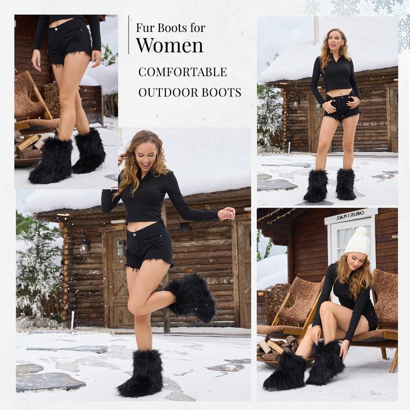 OOW Women's Fluffy Faux Fur Boots Y2K Fashion Design Non-Slip Warm Round Toe Suede Mid-Calf Boots for Outdoor Indoor Walking Shoes Brown Black Pink White