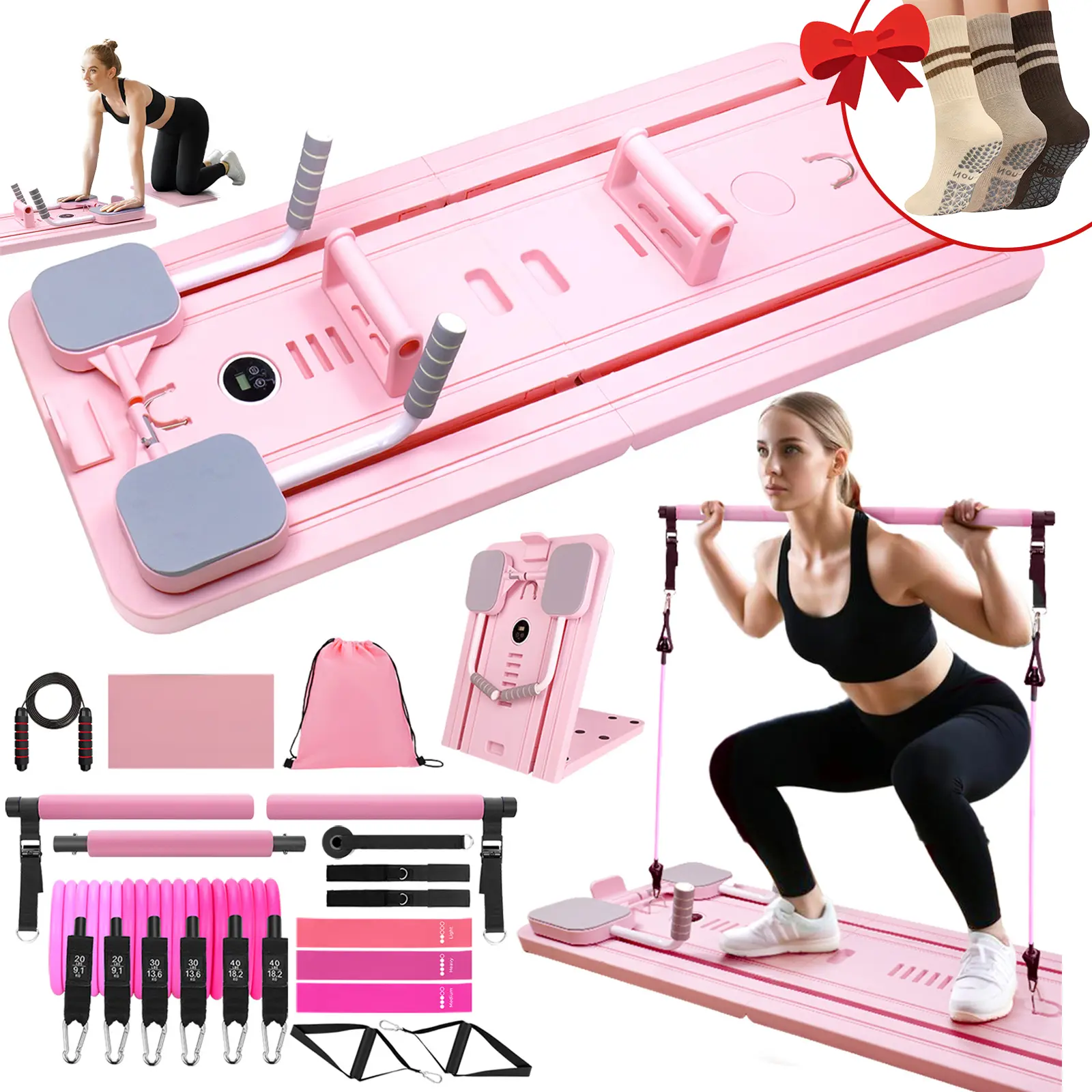 Homimanor Compact Portable Foldable Mat Pilates Machine Equipment - Auto Rebound Smooth Tracks, Multi-Level Resistance, Pilates Bar & Resistance Bands, At Home Gym Kit for Women