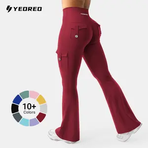 YEOREO CoreFlex High Waist Tummy Control Flare Leggings with Pockets Seamless Scrunch Butt-Lift Cargo Yoga Gym Pants