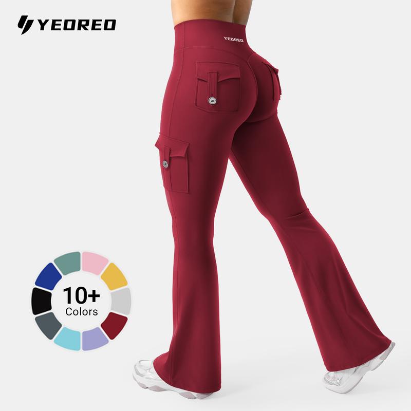 YEOREO CoreFlex High Waist Tummy Control Flare Leggings with Pockets Seamless Scrunch Butt-Lift Cargo Yoga Gym Pants