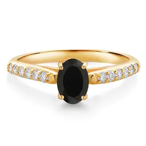 Gem Stone King 10K Yellow Gold Black Onyx and White Lab Grown Diamond Engagement Ring For Women (0.88 Cttw, Oval 7X5MM, Gemstone December Birthstone)