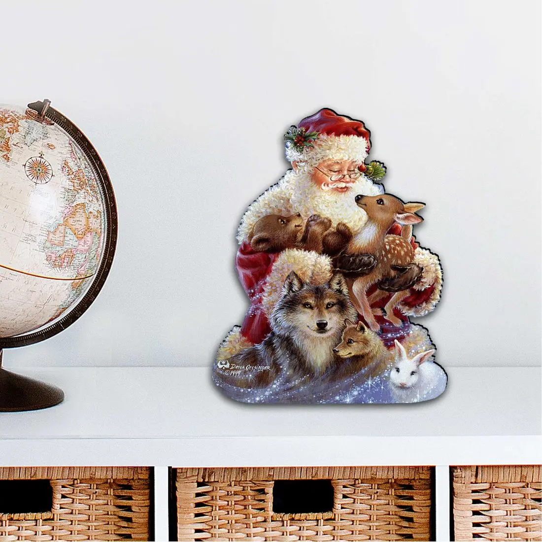 Designocracy 8461012M-9914 Artistic Handmade Wood Decorative 12x9 in. Santa Little Friends Christmas Large Ornaments, Wall & Outdoor Home Festive Supplies