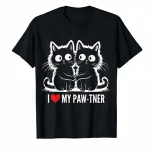 Matching Couple Shirts I Love My Paw-tner Cat Graphic T-Shirt - Funny Valentine's Day Gift for Boyfriend Girlfriend, Cute Animal Print Black Tee, Trendy Urban Streetwear, Soft Breathable Daily Wear.