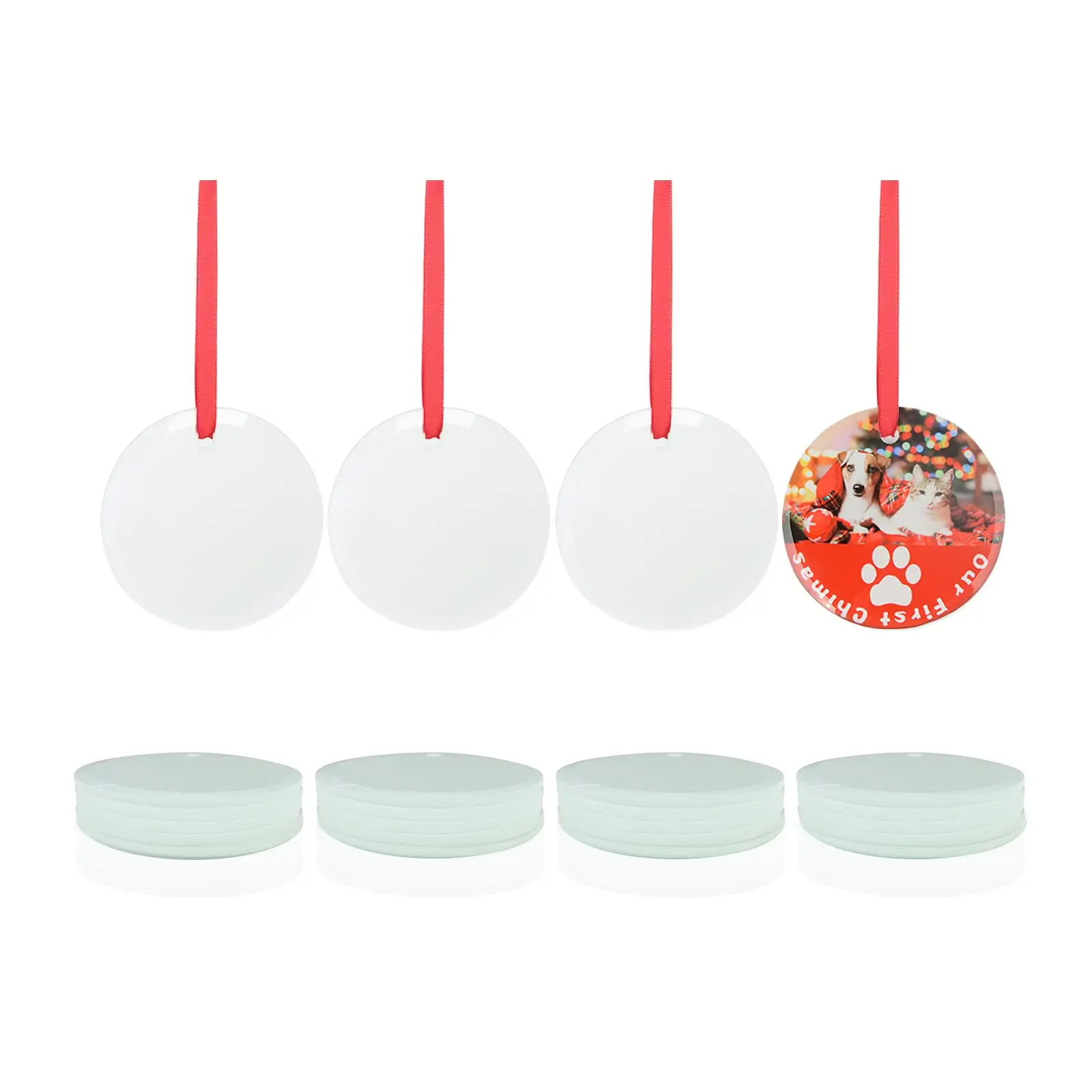 PYD Life 24 PCS Glossy Quality Glass Sublimation Ornament Blanks with Red Ribbon, 4 Shapes, Frost Back for DIY Crafting, Personalized Home Christmas Decoration Bulk