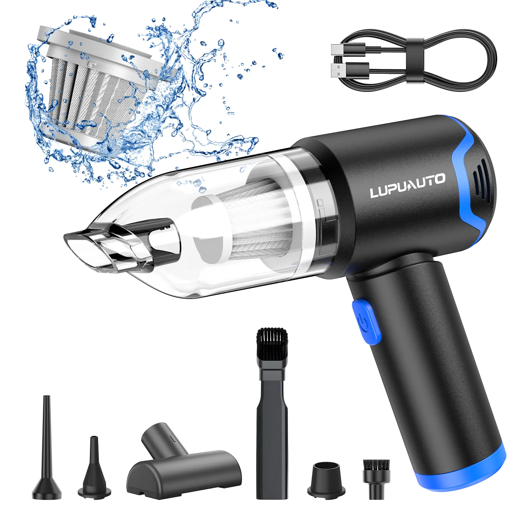 LupuAuto 4-in-1 Cordless Portable Handheld Car Vacuum Cleaner with HEPA Filter, 4 Cleaning Modes, Light-Up LED Light, Type-C Rechargeable for Car, Home Pet Hair Cleaning