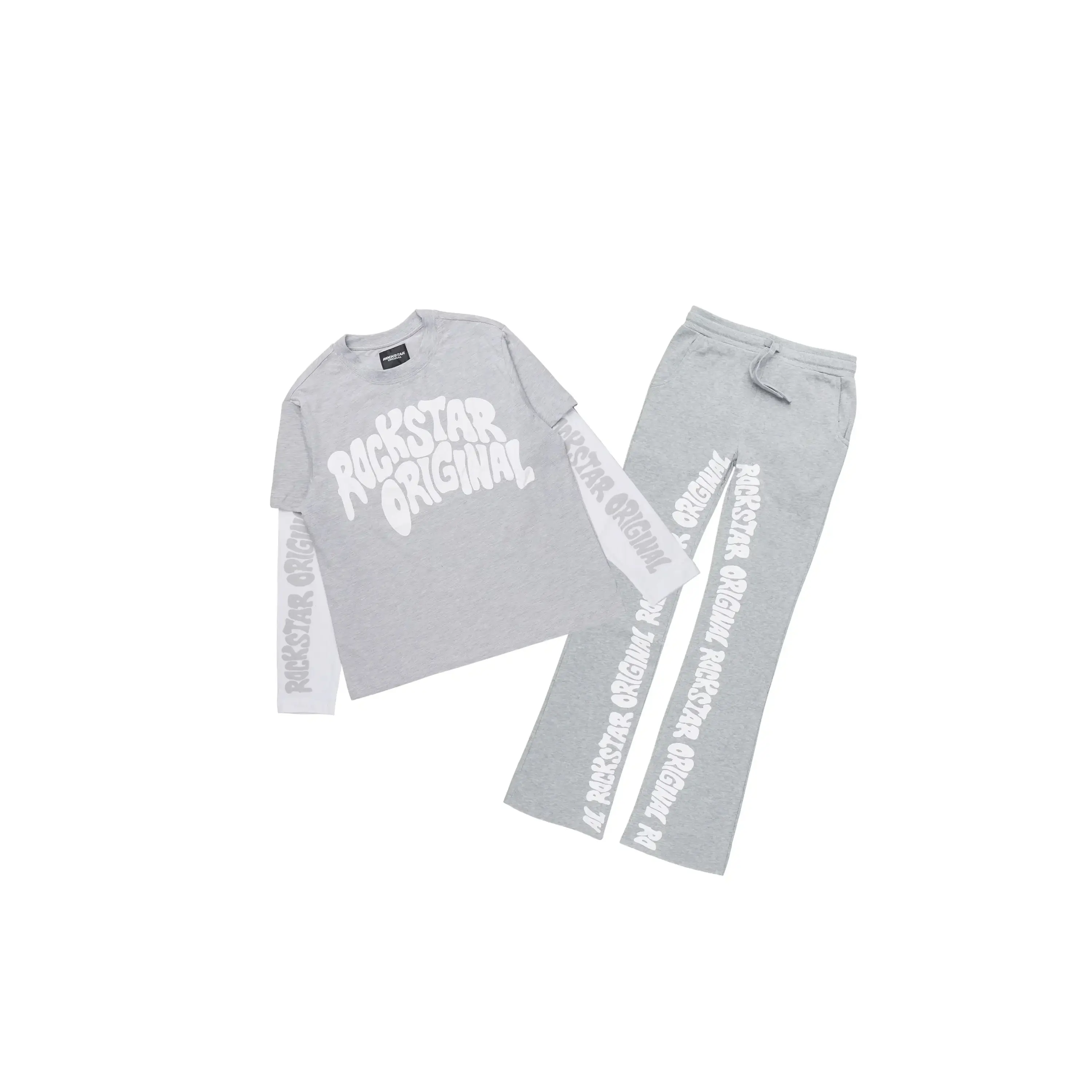 Girls Monique Grey Double Layer T-Shirt Stacked Flare Track Pant Set