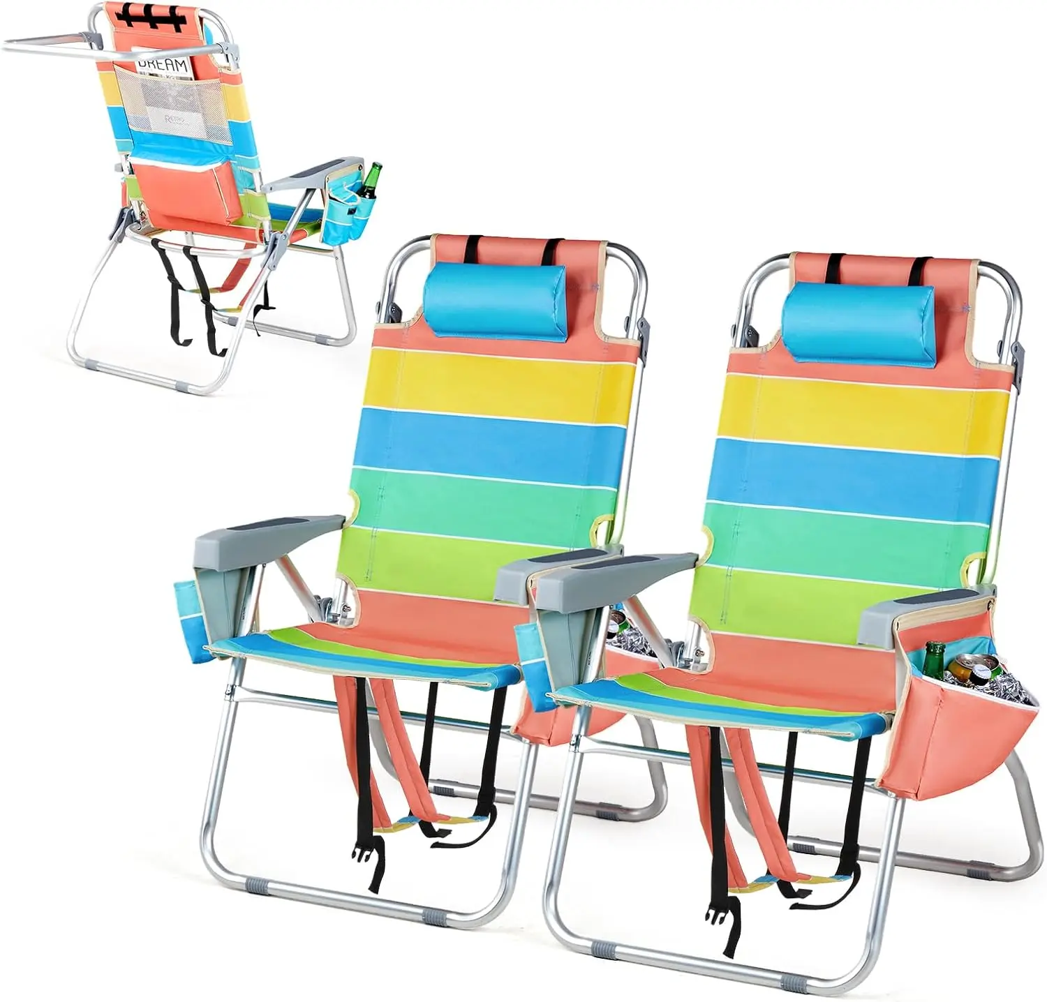 VINGLI Tall Beach Chair 2 Pack Lightweight, Backpack Beach Chair for Adults with 5-Position, Cooler Bag, Cup Holders, Towel Bar, Folding Beach Camping Chairs