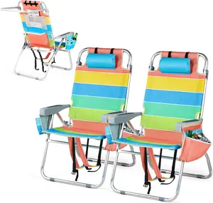 VINGLI Tall Beach Chair 2 Pack Lightweight, Backpack Beach Chair for Adults with 5-Position, Cooler Bag, Cup Holders, Towel Bar, Folding Beach Camping Chairs