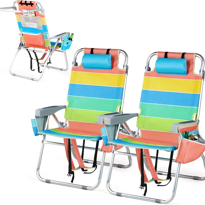 VINGLI 2-Pack Adult Durable Foldable Tall Camping Beach Chairs - Lightweight Aluminum Frame Backpack Chairs with 5-Position Recline, High Seat, High Backrest, Cooler Bag, Cup Holder, Towel Bar for Outdoor Camping, Beach