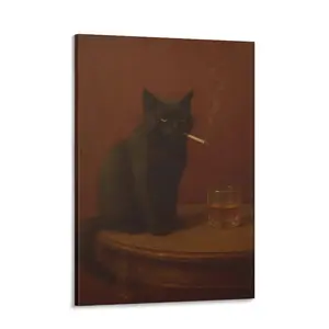 Black Cat Canvas Wall Art, Cat Smoking A Cigarette With Alcohol Oil Painting Poster, Funny Animals Whimsical Bar Cart Print, Quirky Home Bar Pub Man Cave Wall Decoration, Bedroom Decoration, Living Room Decoration, Office Decoration