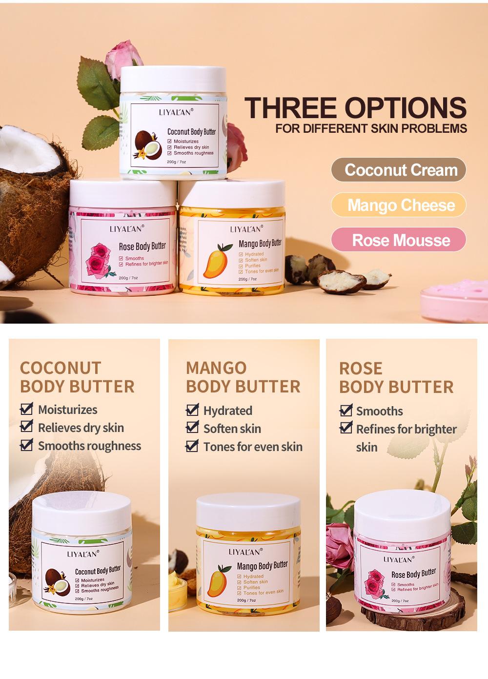 LIYALAN Coconut Rose & Mango Body Butter 7oz Each - Moisturizing & Skin Repairing Lotion for Comfortable Skin Care