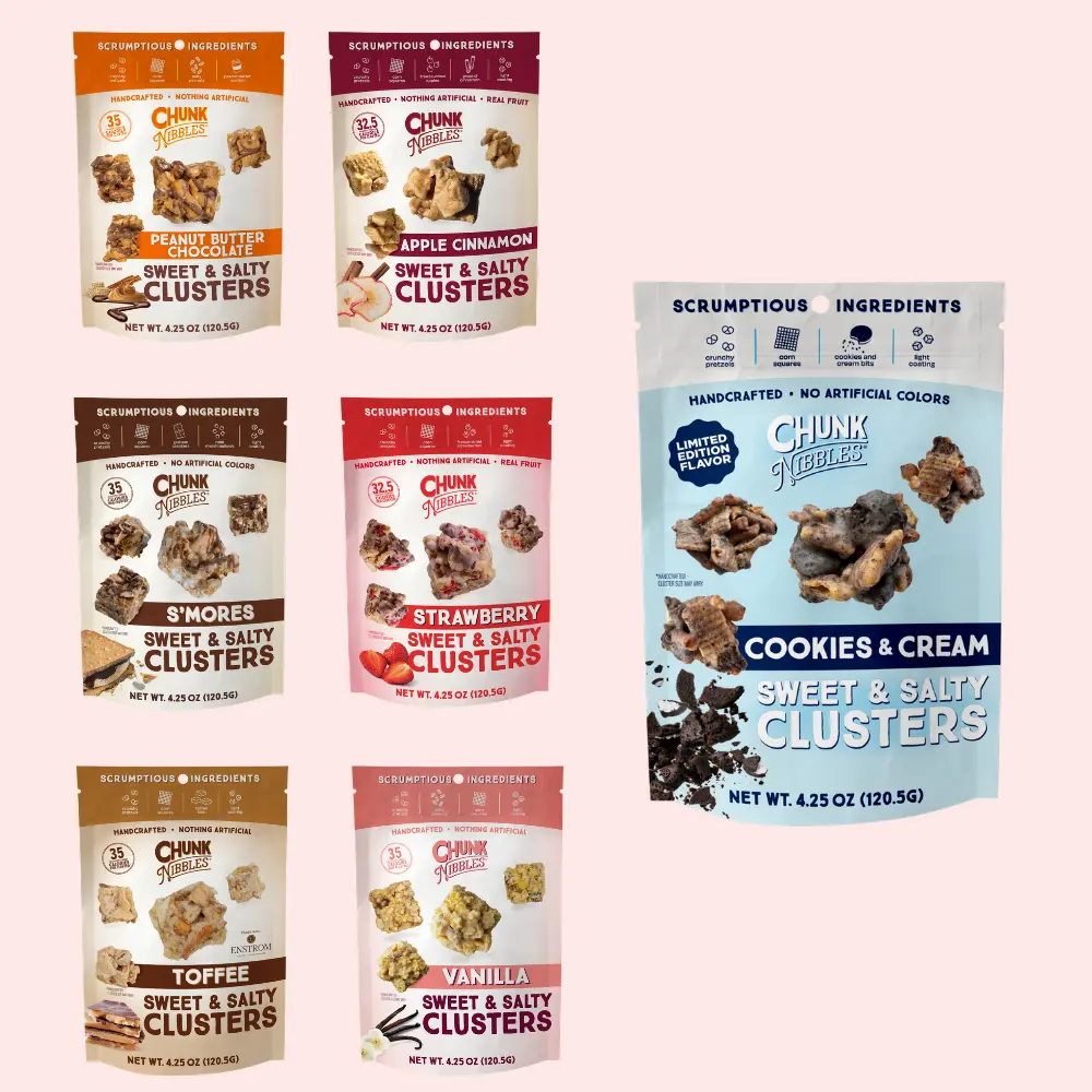 Chunk Nibbles Snack Clusters Sampler Pack | 7 Pack INCLUDES COOKIES & CREAM | 4.25oz Bags | 7 Flavors- Toffee, Vanilla, Peanut Butter Chocolate, S'mores, Strawberry, Apple Cinnamon + LIMITED-EDITION COOKIES & CREAM | Sweet & Salty Cluster Bites