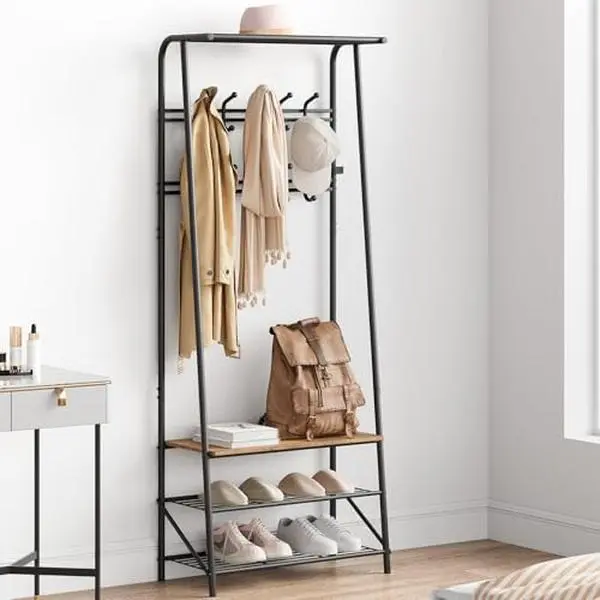 4-in-1 Hall Tree with Bench, Coat Rack with 6 Hooks & 3-Tier Shoe Rack Storage, Freestanding Entryway Organizer for Front Door, Hallway, Living Room