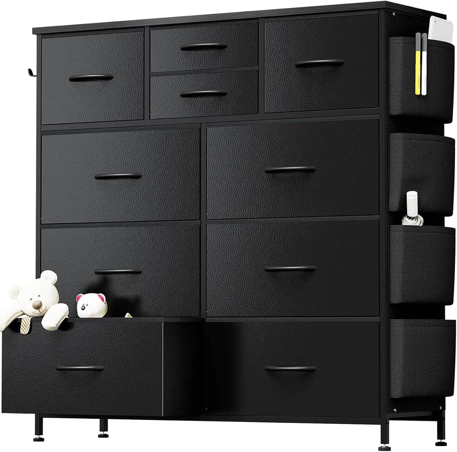 Dresser for Bedroom with 10 Drawers, Tall Fabric Drawer Dresser, Compact Chest of Drawers for Closet, Nursery, Bedside, Living Room, Laundry, Entryway, Hallway 10-Drawer Dresser with Side Pocket & Hooks, Storage Cabinet with Wood Top for Bedroom