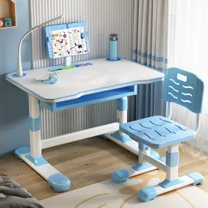 Kids Desk and Chair Set, Height Adjustable Kids Desk with Widened Tabletop, Detachable LED lamp, Back Support & Spine Protect, Prevent Myopia, for Boys & Girls