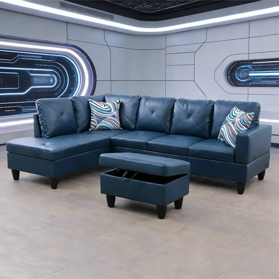 Deep Blue Easy Clean Faux Leather 3-Piece Fixed 5-Seat Modern Sofas Couches Set, Luxury Stylish Design Indoor Furniture, Soft Waterproof Upholstery, Sturdy Construction, Cozy Seating for Entertaining Guests & Lounging at Home, Assembly Required