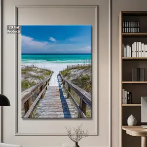 2D Flat, 1pc Coastal Beach Boardwalk Wall Art Poster - Turquoise Ocean & White Sand Dunes Framed Canvas Print, Vintage American Style Summer/Autumn Decor for Living Room, Bedroom, Office - Serene Beach House Painting with Wrapped Frame	