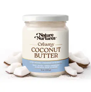 Creamy Coconut Butter · 100% Coconut · Single Ingredient · No Fillers · Raw · Stone Ground for 12 Hours · Small Batch · Handcrafted in USA · High Protein · 100% Pure & Natural · No Added Sugar · No Palm Oil · Packed in Glass Jar · 9 oz (255 g)