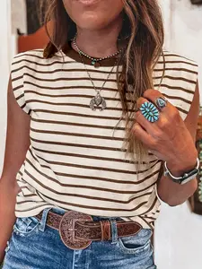 Stripe Ribbed Round Neck Trim Loose Tank Top, Round Neck With Contrast Trim Offers A Clean, Polished Detail, Soft, Lightweight Fabric Provides All-Day Wearability.