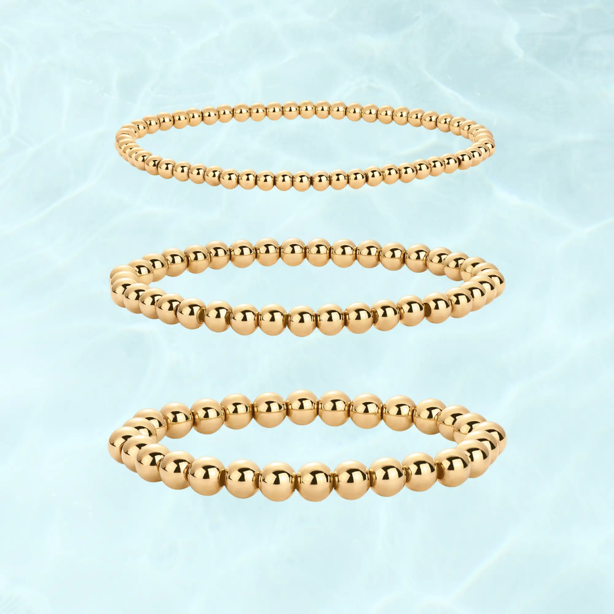 PAVOI Waterproof Beaded Bracelet Pack for Women - 14K Gold Plated 3-Piece Stretchy Bracelet Set - Stainless Steel Ball Trio Bracelet Stack